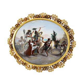 An early 20th century gold miniature portrait brooch. The oval-shape miniature portrait depicting a