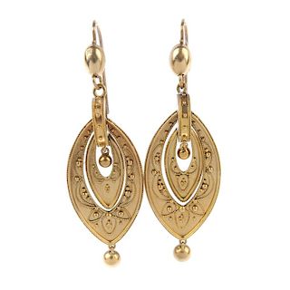 A pair of late 19th century gold cannetille ear pendants. Each designed as two marquise-shape concen