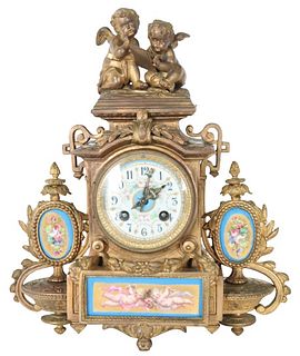 French Gilt Figural Mantle Clock w Sevres Plaques
