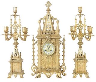 Antique French Bronze Gothic Clock Garniture