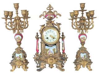 Antique Fr Rococo/Sevres Style Clock Garniture Set