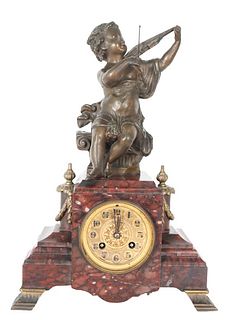 Antique French Figural Rouge Marble Mantel Clock