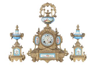 Antique French Gilt Mantle Clock Set, Sevres Style