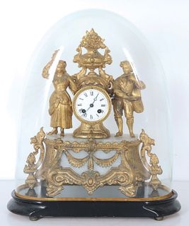 Antique Fr Gilt Ormulu Figural Mantel Clock w Dome