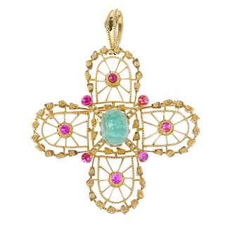 ILIAS LALAOUNIS - an emerald, ruby and diamond cross pendant. The oval emerald cabochon, to the rose