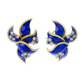 KUTCHINSKY - a pair of 1960s 18ct gold diamond, sapphire and enamel earrings. Of floral design, the