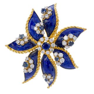 KUTCHINSKY - a 1960s 18ct gold sapphire, diamond and enamel brooch. Designed as a stylised flower, t
