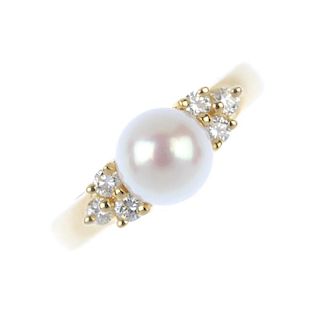 TIFFANY & CO. - a cultured pearl and diamond ring. The cultured pearl, with brilliant-cut diamond tr