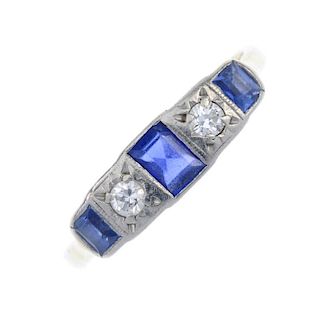 A mid 20th century 9ct gold sapphire and diamond five-stone ring. Designed as three rectangular-shap