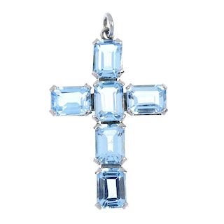 An topaz cross pendant. Designed as a rectangular-shape blue topaz cross pendant. Length 3.7cms. Wei