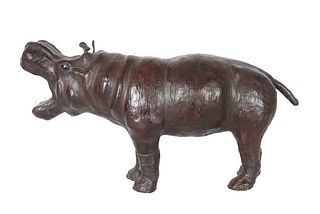 Vintage Leather-Wrapped Hippo Sculpture