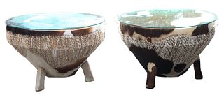 Pair of African Cowhide Drum Tables w Glass Tops