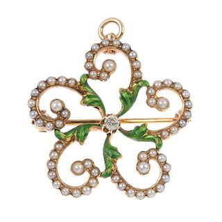 An early 20th century 12ct gold diamond, seed pearl and enamel brooch. The old-cut diamond, within a