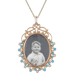 An early 20th century gold split pearl and turquoise photograph pendant. The oval-shape photograph f