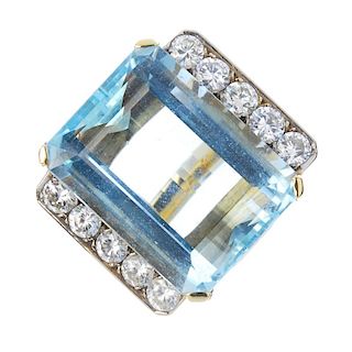 An aquamarine and diamond ring. The rectangular-shape aquamarine, to the brilliant-cut diamond line