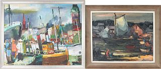 (2) 20th C. Abstract Harbor Scene, Oil on Canvas