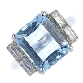 An aquamarine and diamond dress ring. The rectangular-shape aquamarine, with baguette-cut diamond si