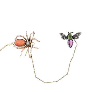 Two gem-set brooches. To include a coral and split pearl spider, together with a garnet, green paste