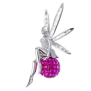 * A ruby and diamond fairy brooch. The rose, rectangular and brilliant-cut diamond fairy, perched at