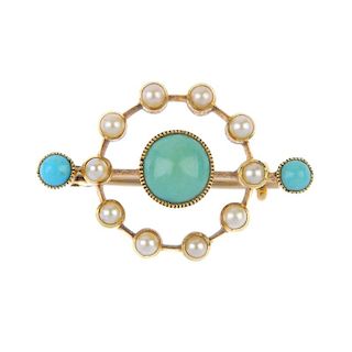 An early 20th century 15ct gold turquoise and split pearl brooch. The circular turquoise cabochon, w