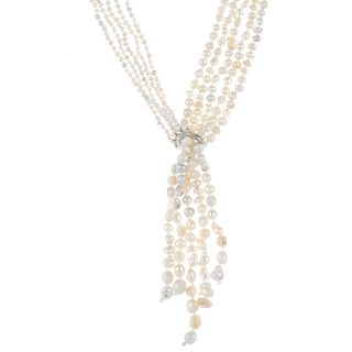 A natural pearl five-strand lariat necklace. Comprising five strands of 144, 145, 147, 152 and 153 v
