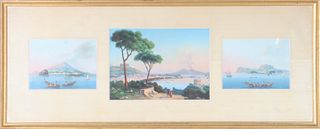 19th C. View of Pompeii Triptych, Gouache on Paper