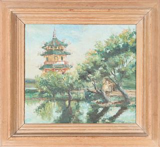 Japanese River Scene, Oil on Board