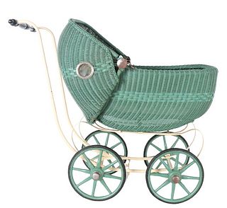 Antique Teal Wicker Baby Carriage