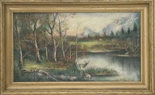Deer at Mountain Stream, Oil on Canvas
