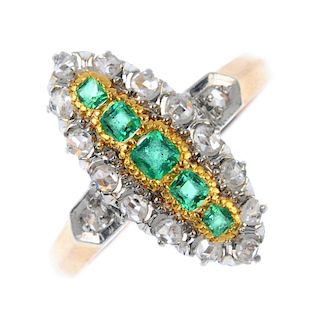 An emerald and diamond ring. Of marquise-shape outline, the square-shape emerald line, within a rose