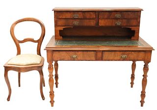 Antique Inlaid Writing Desk & Gallery Top w Chair