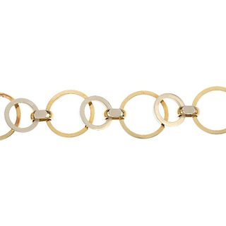 A bi-colour bracelet. Designed as a series of vari-shape circular-shape links, to the concealed clas