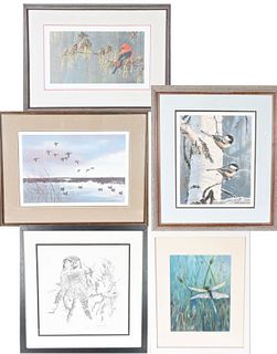 Four (4) Bird Lithographs and Dragonfly Watercolor