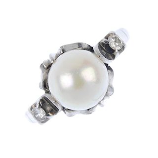 A cultured pearl and diamond ring. The cultured pearl, measuring 8.6mms, to the scrolling gallery an