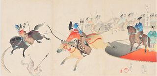Japanese Warriors on Horses, Woodblock Print