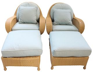 Pair of Woven Wicker Patio Chairs with Ottomans