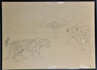 Tiger & Lion, Signed Pen & Ink Drawing