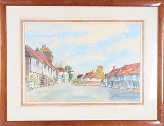 American Watercolor Town Scene, Signed