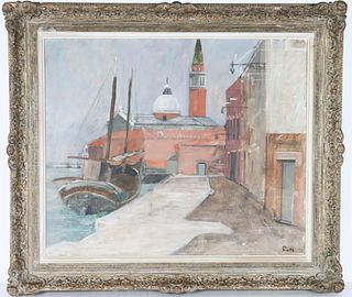 European Harbor Scene, Signed Oil on Canvas