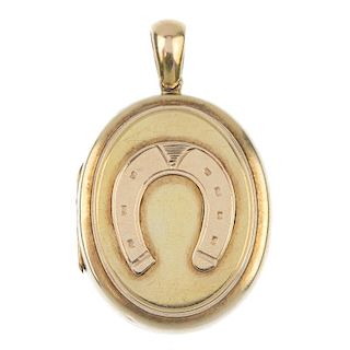 A late 19th century gold locket, circa 1880. Of oval outline, the locket with applied horseshoe deta
