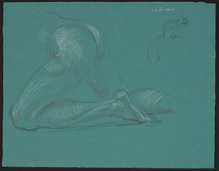 Paul Cadmus Nude & Squirrel Crayon on Green Paper