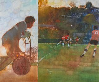 Bernie Fuchs "Soccer" Oil on Canvas Diptych