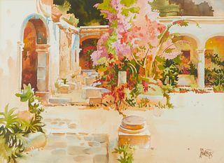 Milford Zornes Courtyard Watercolor Painting