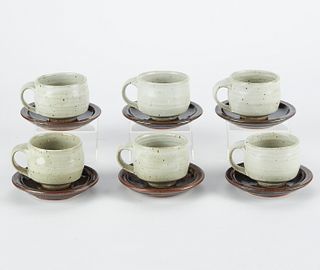 Set of 6 Warren MacKenzie Studio Ceramic Teacups w/ Saucers - Marked