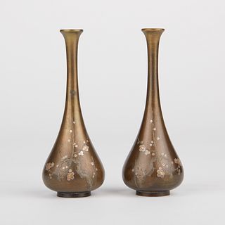 Pair of Japanese Hattori Mixed Metal Vases - Marked