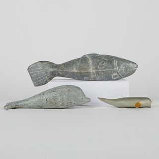 Grp: 3 Stone Carvings Fish & Dolphin