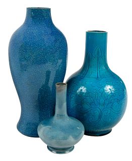Three Chinese Monochrome Blue Glazed Vases
