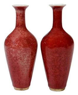 Near Pair Chinese Sang de Boeuf Bottle Vases