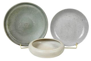 Three Chinese Gray and White Glazed Low Bowls