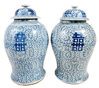 Near Pair Large Chinese Blue and White Ginger Jars
